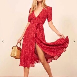 Reformation Red and White Midi Dress